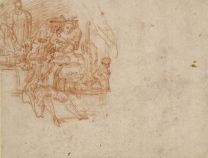 Verso; Quacksalber sitzt auf der Bühne und verkauft seine Waren